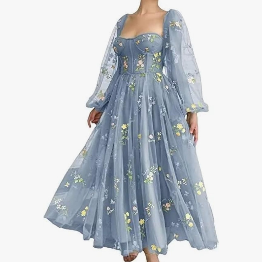 Dusty Blue Floral Wedding Guest Dress